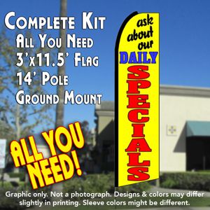 Ask About Our Daily Specials (Yellow) Windless Advertising Feather Banner – Complete Flag Kit