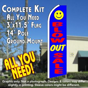 Blow Out Sale (Smiley/Blue) Windless Advertising Feather Banner – Complete Flag Kit