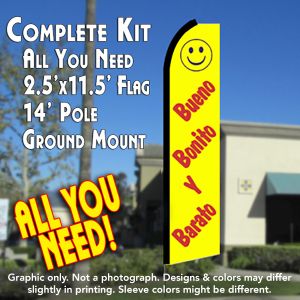 Bueno Bonito Barato (Yellow) Windless Advertising Feather Banner – Complete Flag Kit