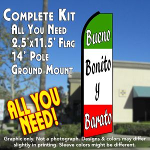 Bueno Bonito Y Barato (Green/White/Red) Windless Advertising Feather Banner – Complete Flag Kit