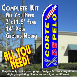 Corte De Pelo (Blue) Windless Advertising Feather Banner – Complete Flag Kit