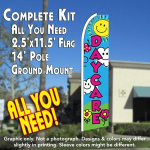 Daycare (Blue/Sun) Windless Advertising Feather Banner – Complete Flag Kit