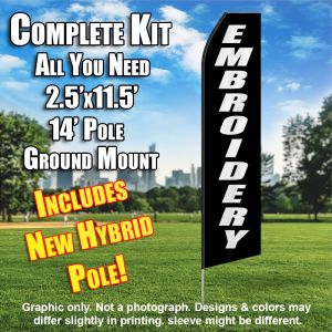 Embroidery (Black/White) Econo Feather Banner Flag Kit (Flag, Pole, & Ground Mt)