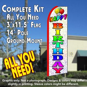 Happy Birthday (White) Windless Advertising Feather Banner – Complete Flag Kit