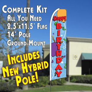 HAPPY BIRTHDAY (Blue) Flutter Feather Banner Flag Kit (Flag, Pole, & Ground Mt)