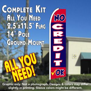 No Credit Ok (Red/Blue) Windless Advertising Feather Banner – Complete Flag Kit