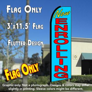 Now Enrolling (Blue) Windless Advertising Feather Banner – Flag Only