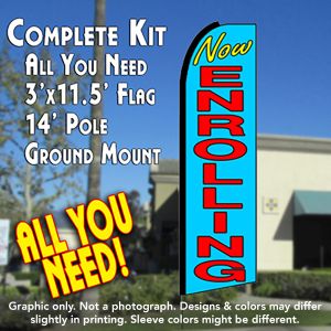 Now Enrolling (Blue) Windless Advertising Feather Banner – Complete Flag Kit