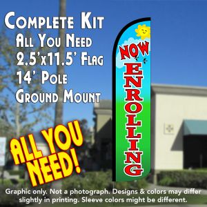 Now Enrolling (Blue/Green) Windless Advertising Feather Banner – Complete Flag Kit