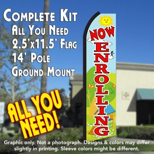 Now Enrolling (Scene/Red) Windless Advertising Feather Banner – Complete Flag Kit