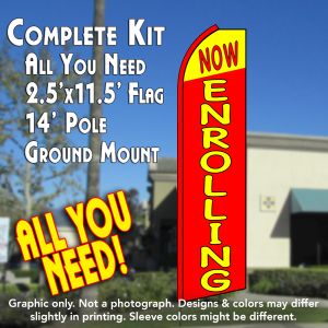 Now Enrolling (Red/Yellow) Windless Advertising Feather Banner – Complete Flag Kit