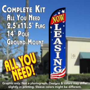 Now Leasing (Blue/White/Stars) Windless Advertising Feather Banner – Complete Flag Kit