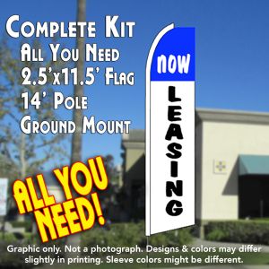 Now Leasing (Blue/White) Windless Advertising Feather Banner – Complete Flag Kit