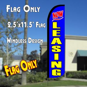 Now Leasing (Blue) Windless Advertising Feather Banner – Flag Only