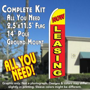 Now Leasing (Yellow/Red) Windless Advertising Feather Banner – Complete Flag Kit