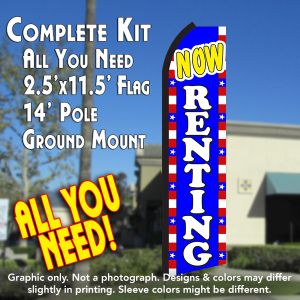 Now Renting (Blue/White/Stars) Windless Advertising Feather Banner – Complete Flag Kit