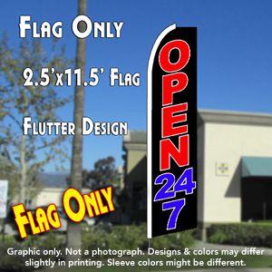 OPEN 24/7 (Black) Flutter Feather Banner Flag (11.5 x 2.5 Feet)