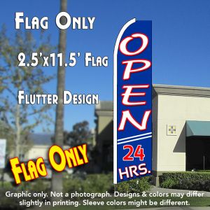 Open 24 Hrs (Blue) Windless Advertising Feather Banner – Flag Only