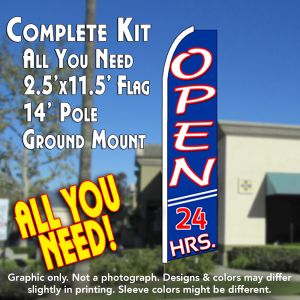 Open 24 Hrs (Blue) Windless Advertising Feather Banner – Complete Flag Kit