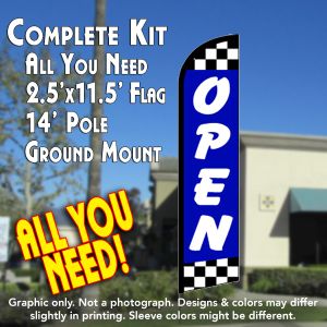 Open (Blue/Checks) Windless Advertising Feather Banner – Complete Flag Kit