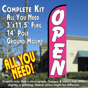 Open (Pink/White) Windless Feather Banner Flag Kit (Flag, Pole, & Ground Mt)