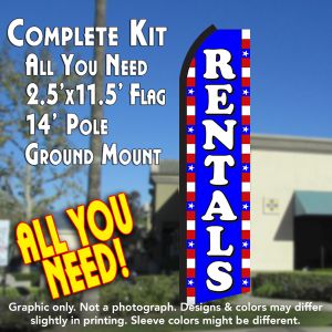 Rentals (Blue/White/Stars) Windless Advertising Feather Banner – Complete Flag Kit