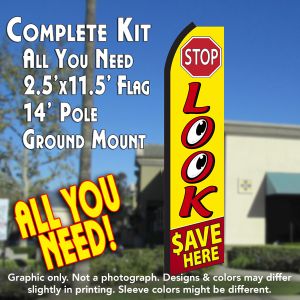 Stop Look Save Here (Yellow/Red) Windless Advertising Feather Banner – Complete Flag Kit