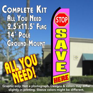 Stop Save Here (Pink/Yellow) Windless Advertising Feather Banner – Complete Flag Kit