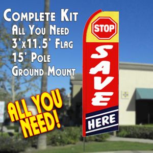 Stop Save Here (Red/Blue) Windless Advertising Feather Banner – Complete Flag Kit