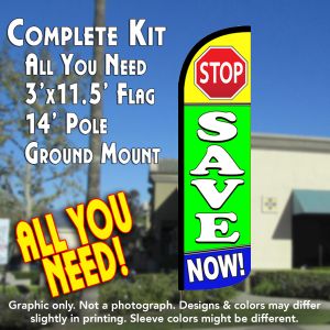 Stop Save Now! Windless Advertising Feather Banner – Complete Flag Kit