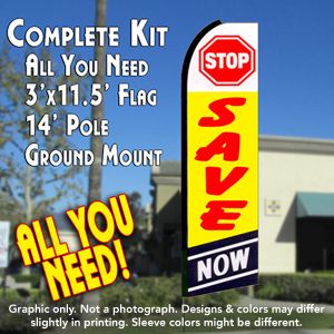 Stop Save Now (Yellow/Blue) Windless Advertising Feather Banner – Complete Flag Kit