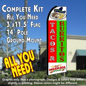 TACOS & BURRITOS (Red/Green) Flutter Feather Banner Flag Kit (Flag, Pole, & Ground Mt)