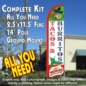 TACOS & BURRITOS Windless Feather Banner Flag Kit (Flag, Pole, & Ground Mt)