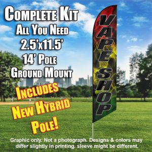 VAPE SHOP (Black/black rasta tri color) Windless Feather Banner Flag Kit (Flag, Pole, & Ground Mt)