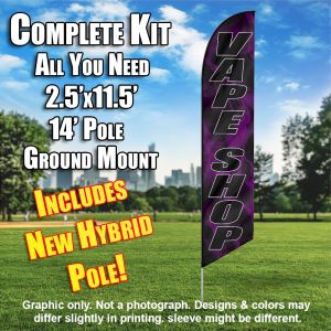 VAPE SHOP black/black letters purple smoke Windless Feather Banner Flag Kit (Flag, Pole, & Ground Mt)