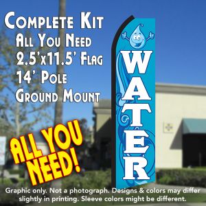 WATER (Blue/White) Flutter Feather Banner Flag Kit (Flag, Pole, & Ground Mt)