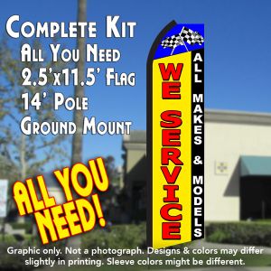 We Service All Makes & Models (Blue/Yellow) Windless Advertising Feather Banner – Complete Flag Kit