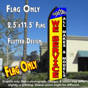 We Service All Makes & Models (Blue/Yellow) Windless Advertising Feather Banner – Flag Only