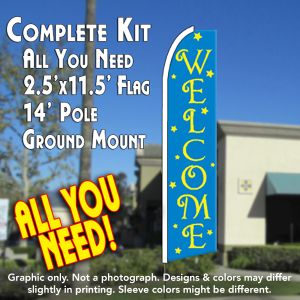 Welcome (Blue) Windless Advertising Feather Banner – Complete Flag Kit