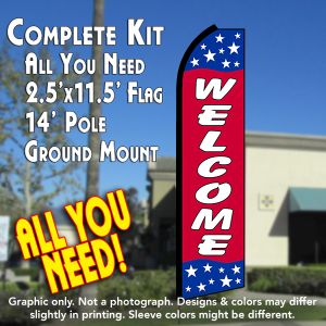 Welcome (Blue/Red/Stars) Windless Advertising Feather Banner – Complete Flag Kit