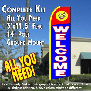 Welcome (Smiley) Windless Advertising Feather Banner – Complete Flag Kit