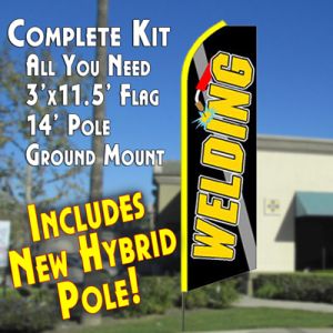WELDING (Black) Flutter Feather Banner Flag Kit (Flag, Pole, & Ground Mt)